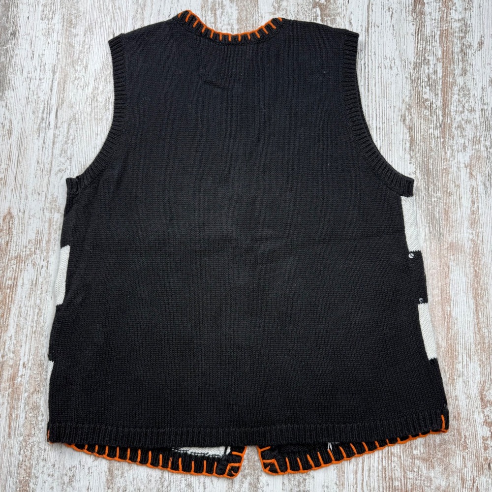 VTG Basic Editions Halloween Sweater Vest Medium Checkered Pumpkin Cat Teacher - Picture 2 of 9